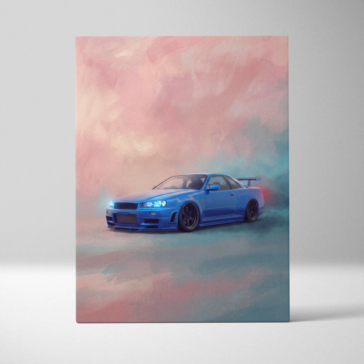 Nissan R34 Skyline GT-R inspired JDM canvas print featuring a vibrant blue car with sleek aerodynamic design and black rims