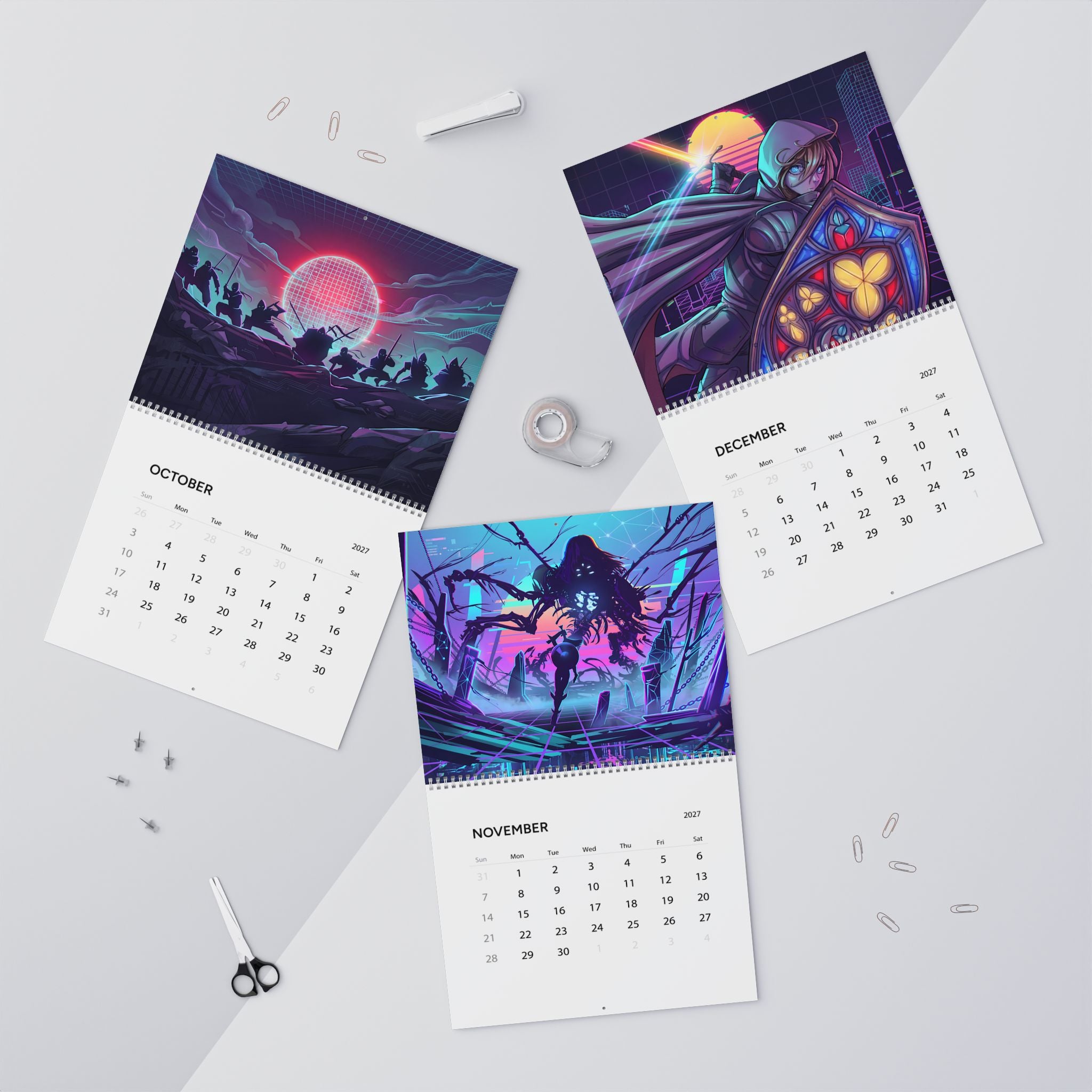 2027 Vaporwave Fantasy Wall Calendar – Colorful Neon Artwork & Dreamlike Fantasy Designs