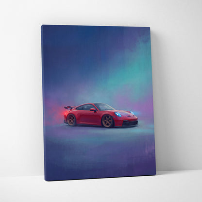 Red Porsche 911 GT3 inspired sports car canvas print with glowing blue headlights and aurora-style background wall art