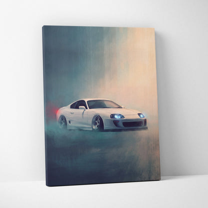 White toyota mk4 supra canvas print featuring a drifting scene with glowing headlights and smoke effects for home decor