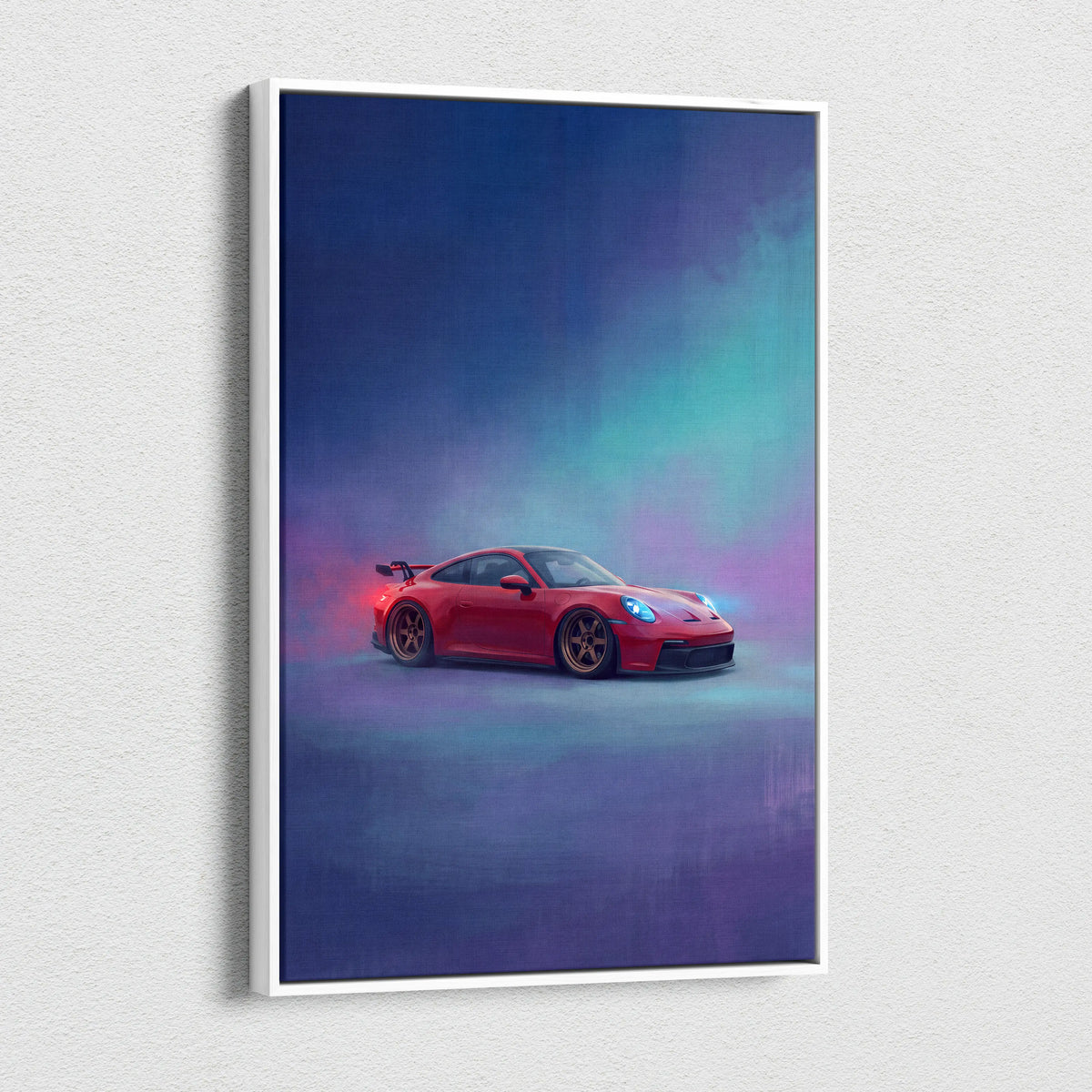 Red porsche 911 gt3 inspired sports car neon artwork on white framed canvas wall art track edition print