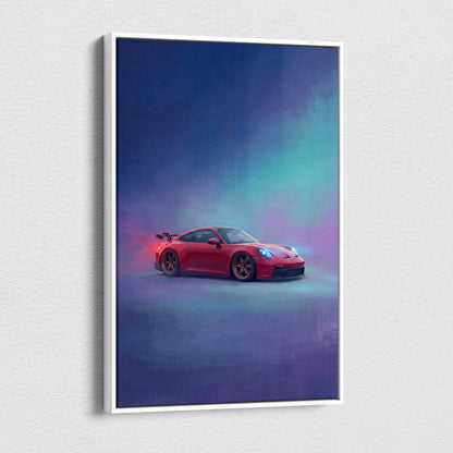 Red porsche 911 gt3 inspired sports car neon artwork on white framed canvas wall art track edition print
