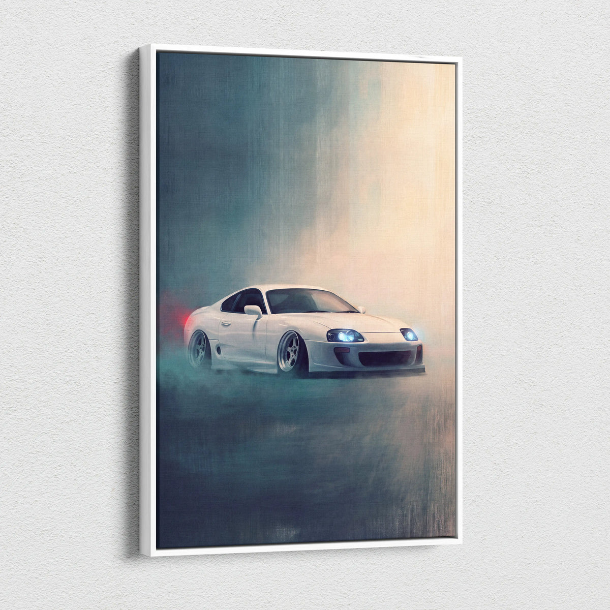 White toyota mk4 supra sports car in dynamic drift pose with glowing headlights smoke effects on jdm canvas wall art