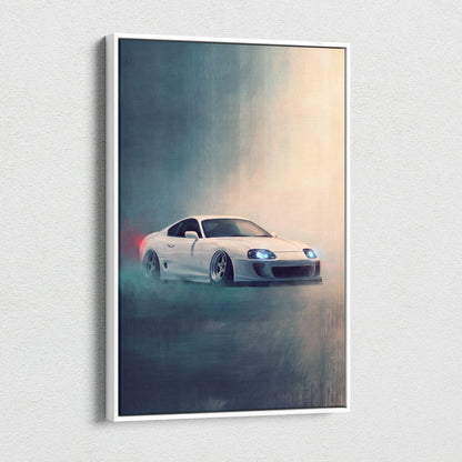 White toyota mk4 supra sports car in dynamic drift pose with glowing headlights smoke effects on jdm canvas wall art