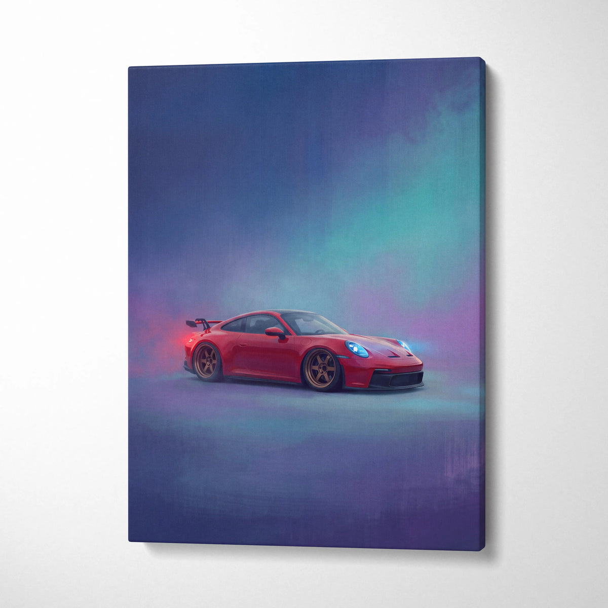 Porsche 911 GT3 inspired canvas wall art featuring a vibrant red sports car with glowing blue headlights and neon effects