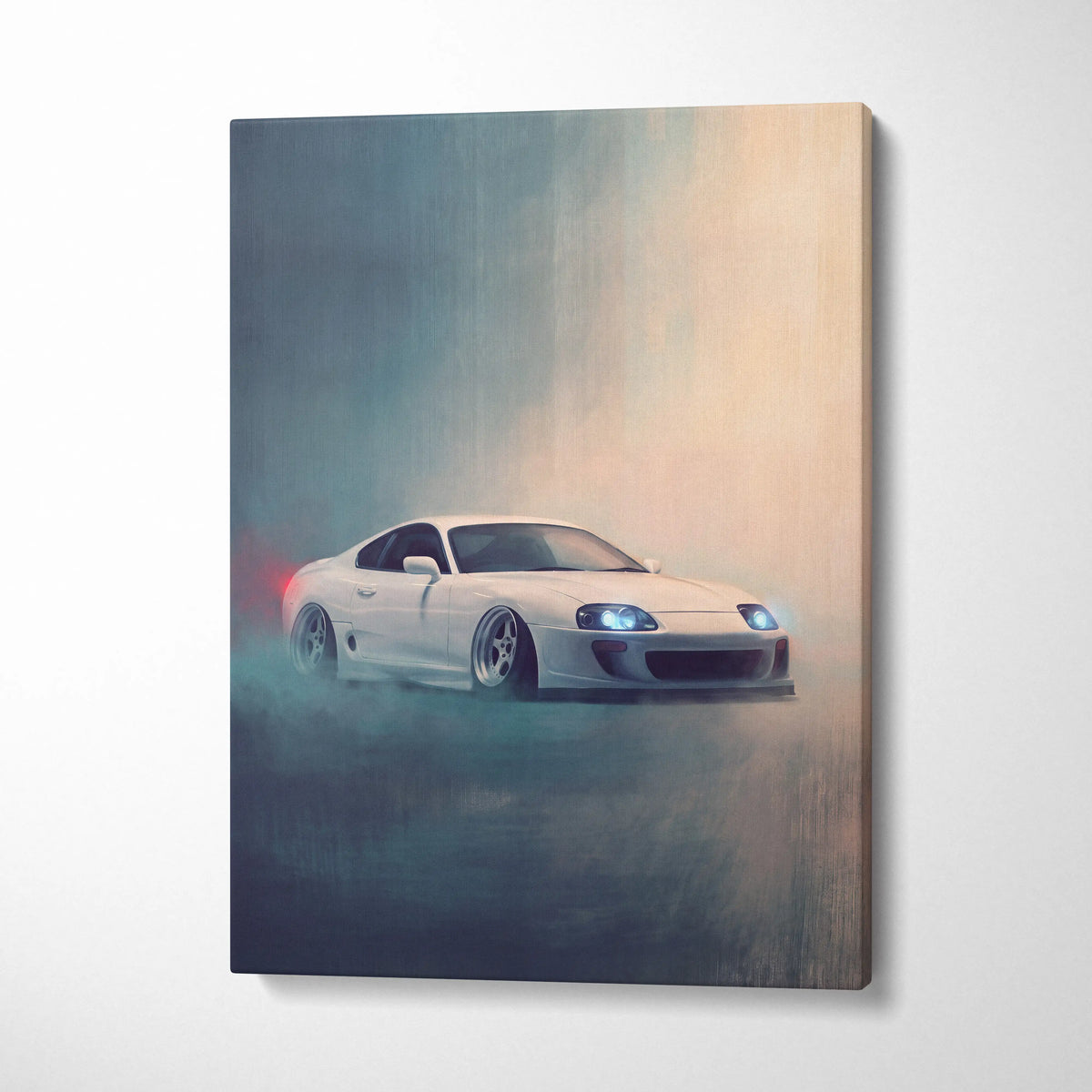 White toyota mk4 supra sports car canvas print with glowing headlights and drifting smoke for modern home decor