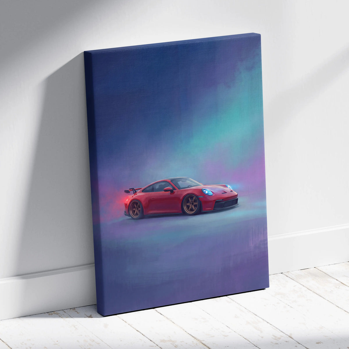 Red Porsche 911 GT3 inspired canvas print featuring a sleek sports car against a vibrant aurora sky wall art