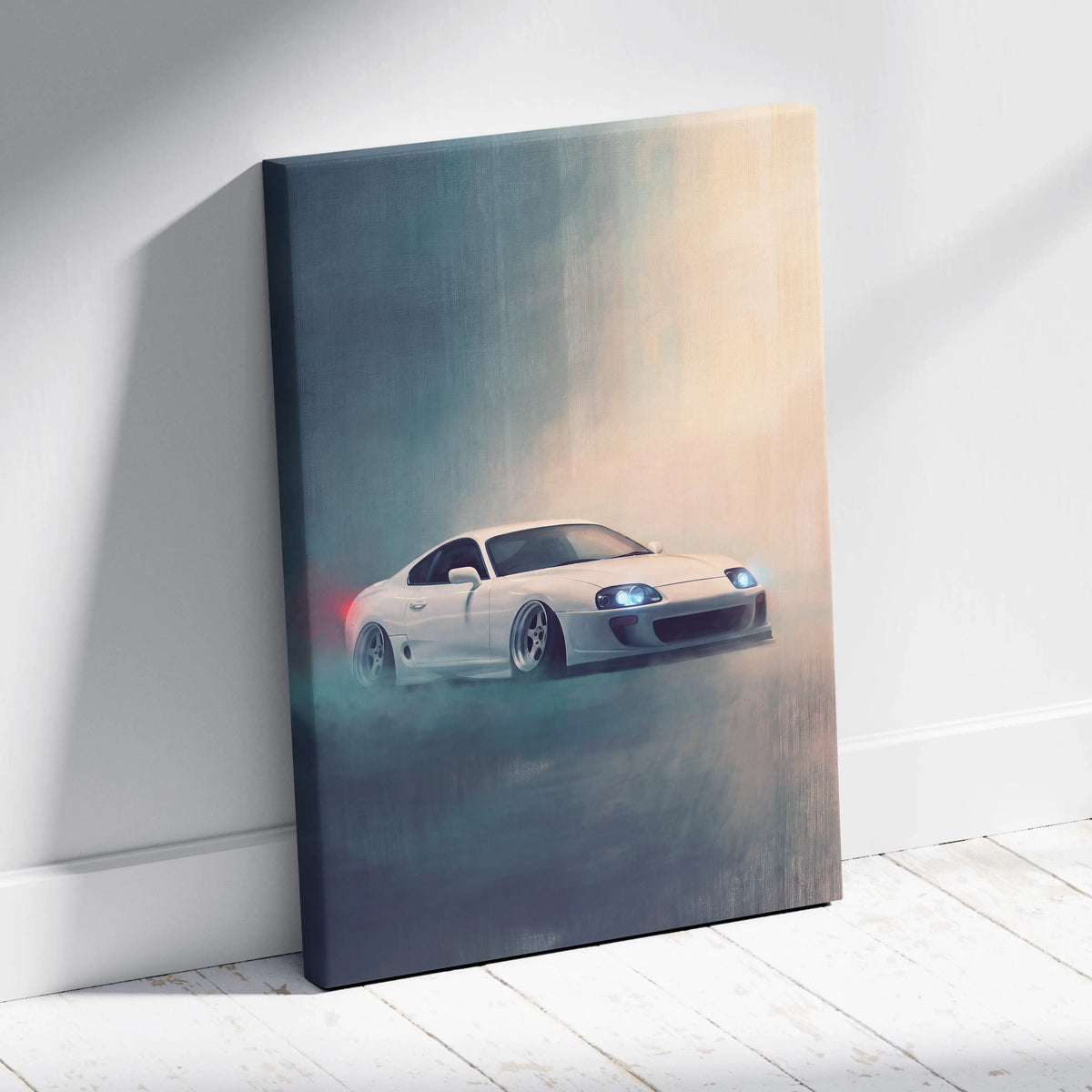 White Toyota Mk4 Supra inspired canvas print featuring a drifting sports car with glowing headlights and smoke effects