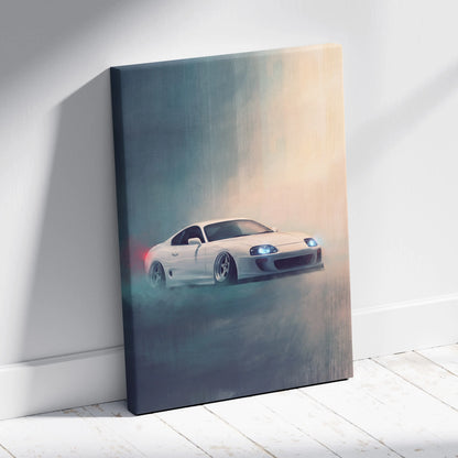 White Toyota Mk4 Supra inspired canvas print featuring a drifting sports car with glowing headlights and smoke effects