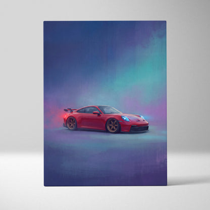 Vibrant red Porsche 911 GT3 RS sports car illustration on canvas with glowing blue headlights and sleek design