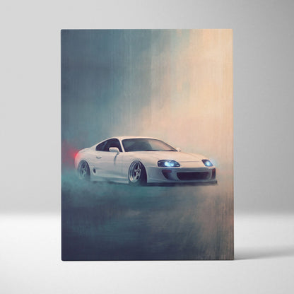 White Toyota Mk4 Supra sports car canvas painting with glowing headlights for modern JDM home decor wall art