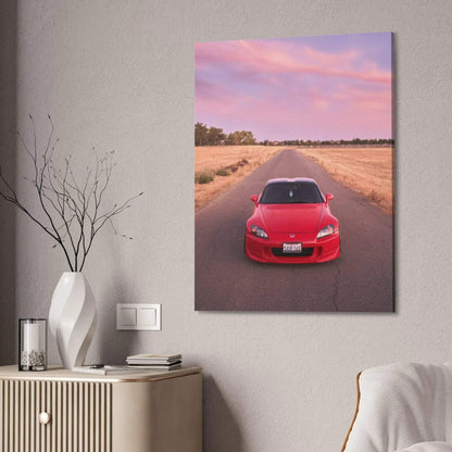 Honda S2000 red sports car on road at sunset canvas wall art in vertical format.
