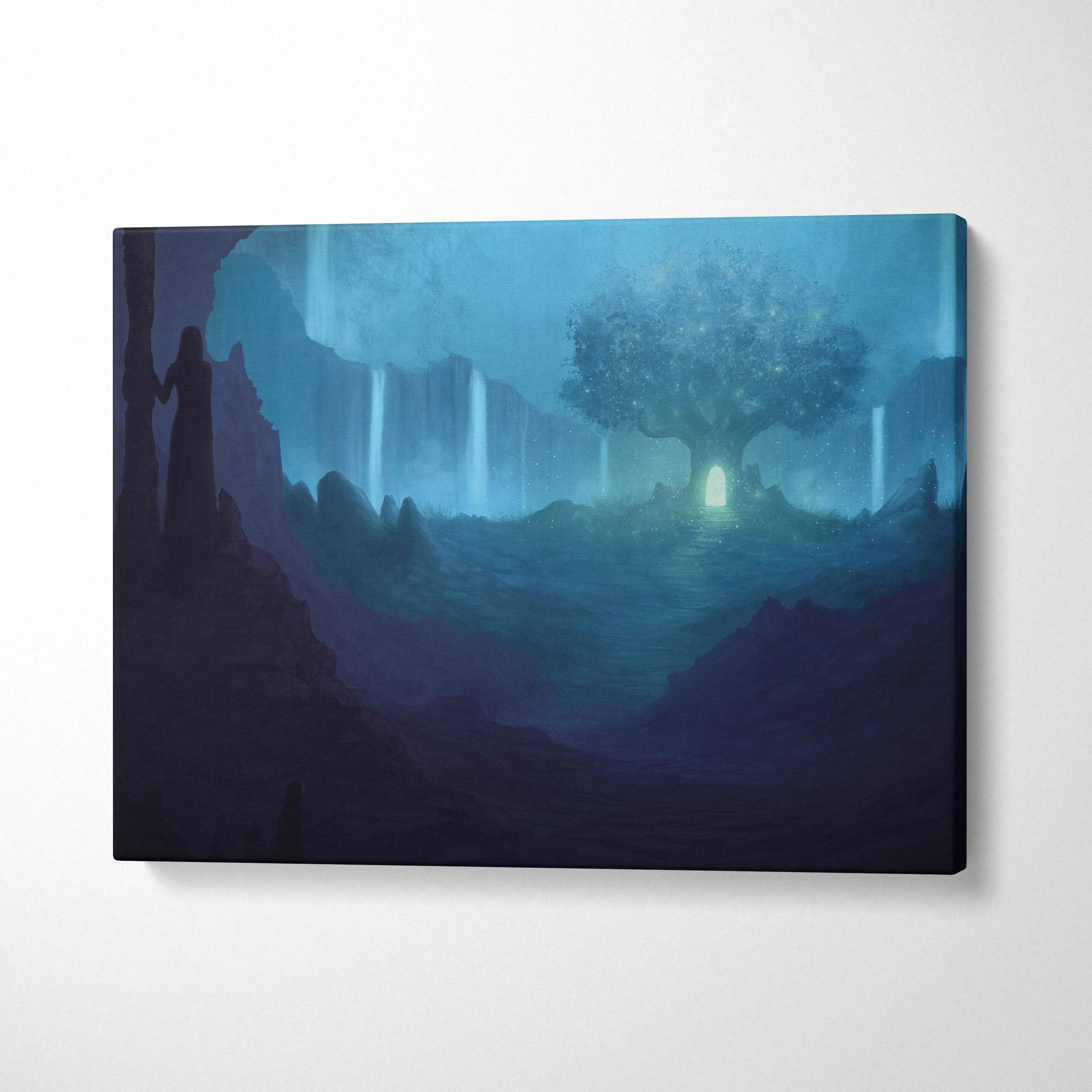 Blue-toned fantasy canvas of glowing tree in crystal cavern with waterfalls and teal mist