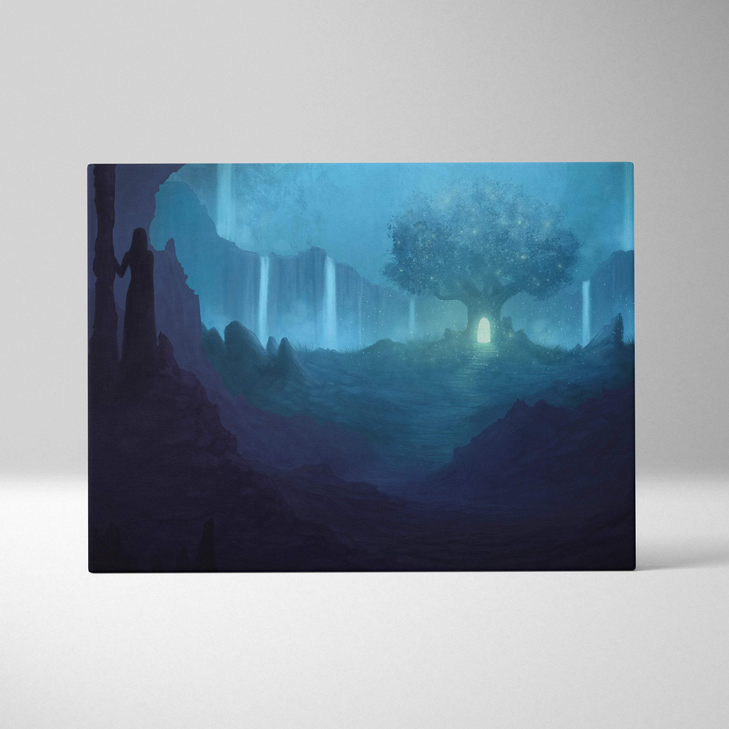Glowing tree of light in blue crystal cavern with waterfalls canvas print