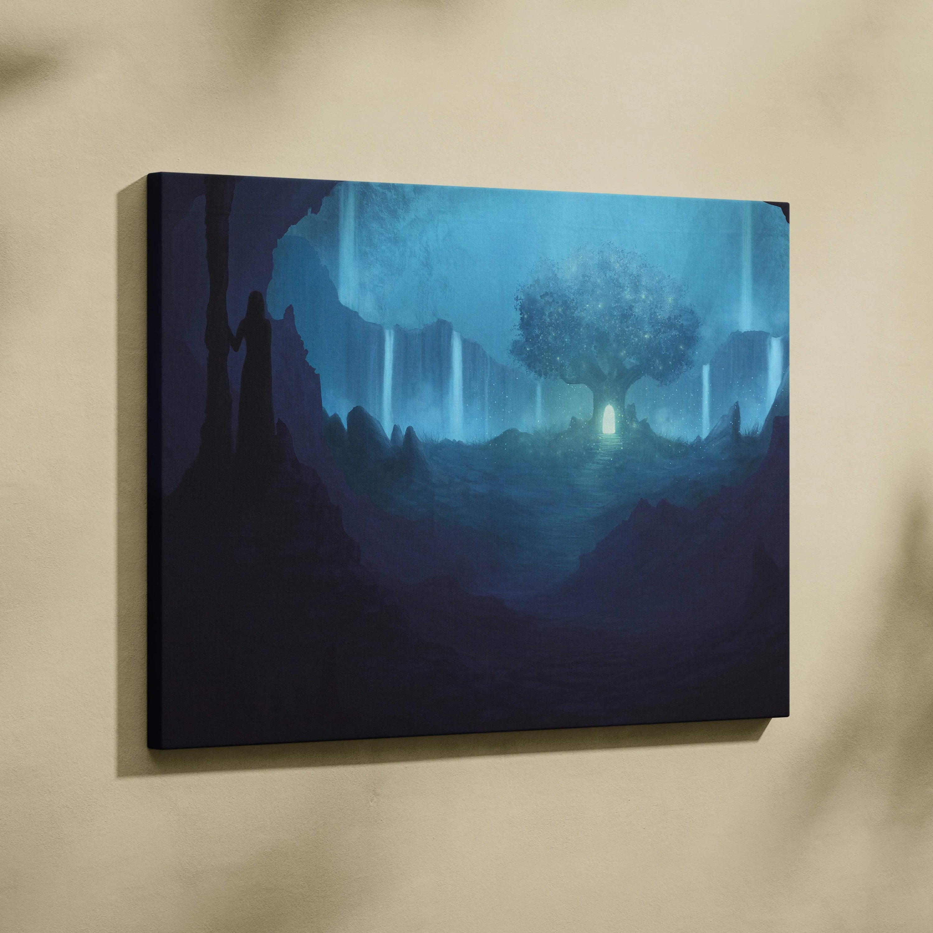 Blue-toned mystical cave with glowing tree, waterfalls, teal mist fantasy art
