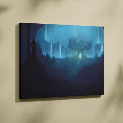 Blue-toned mystical cave with glowing tree, waterfalls, teal mist fantasy art