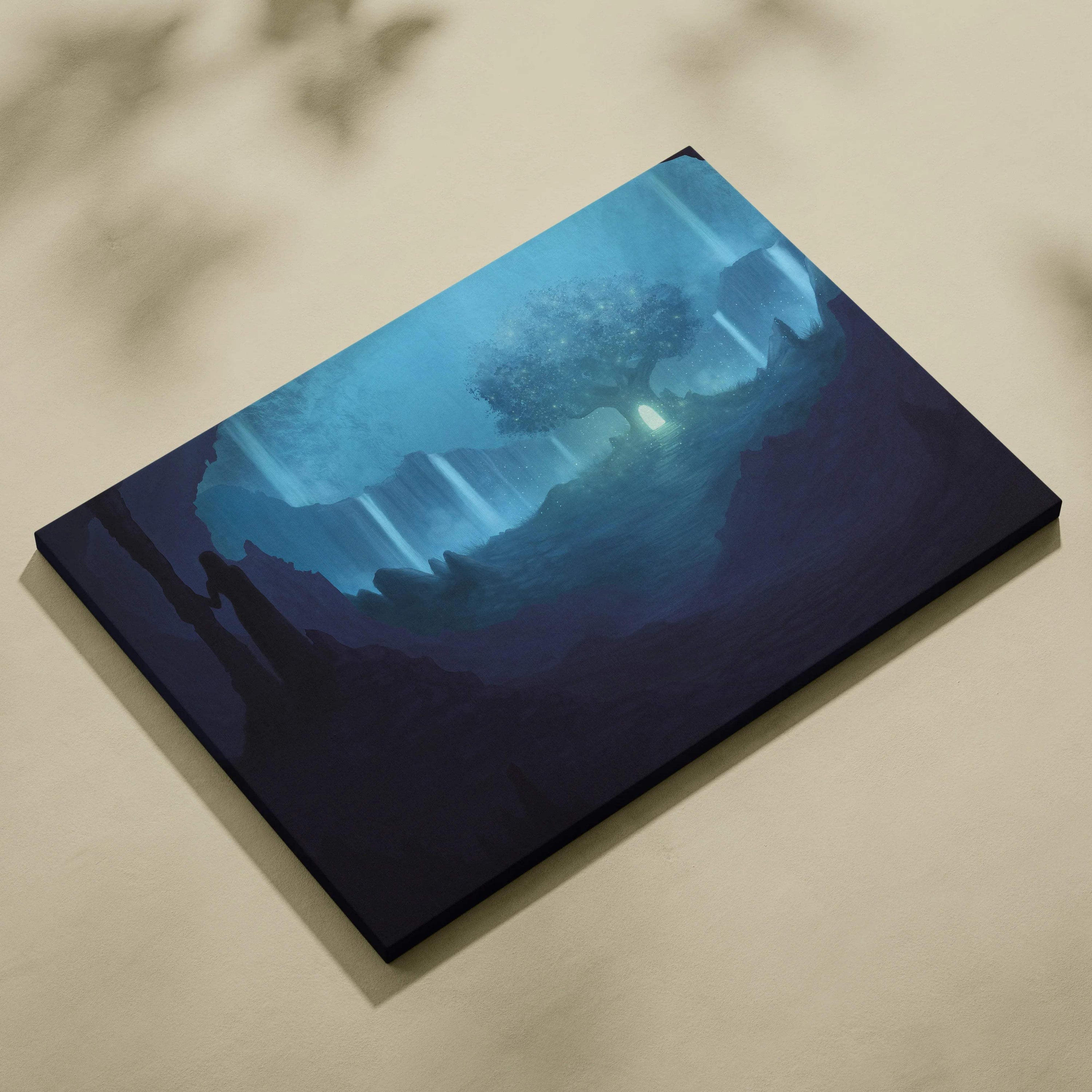 Glowing tree of light in blue crystal cavern with teal mist waterfalls
