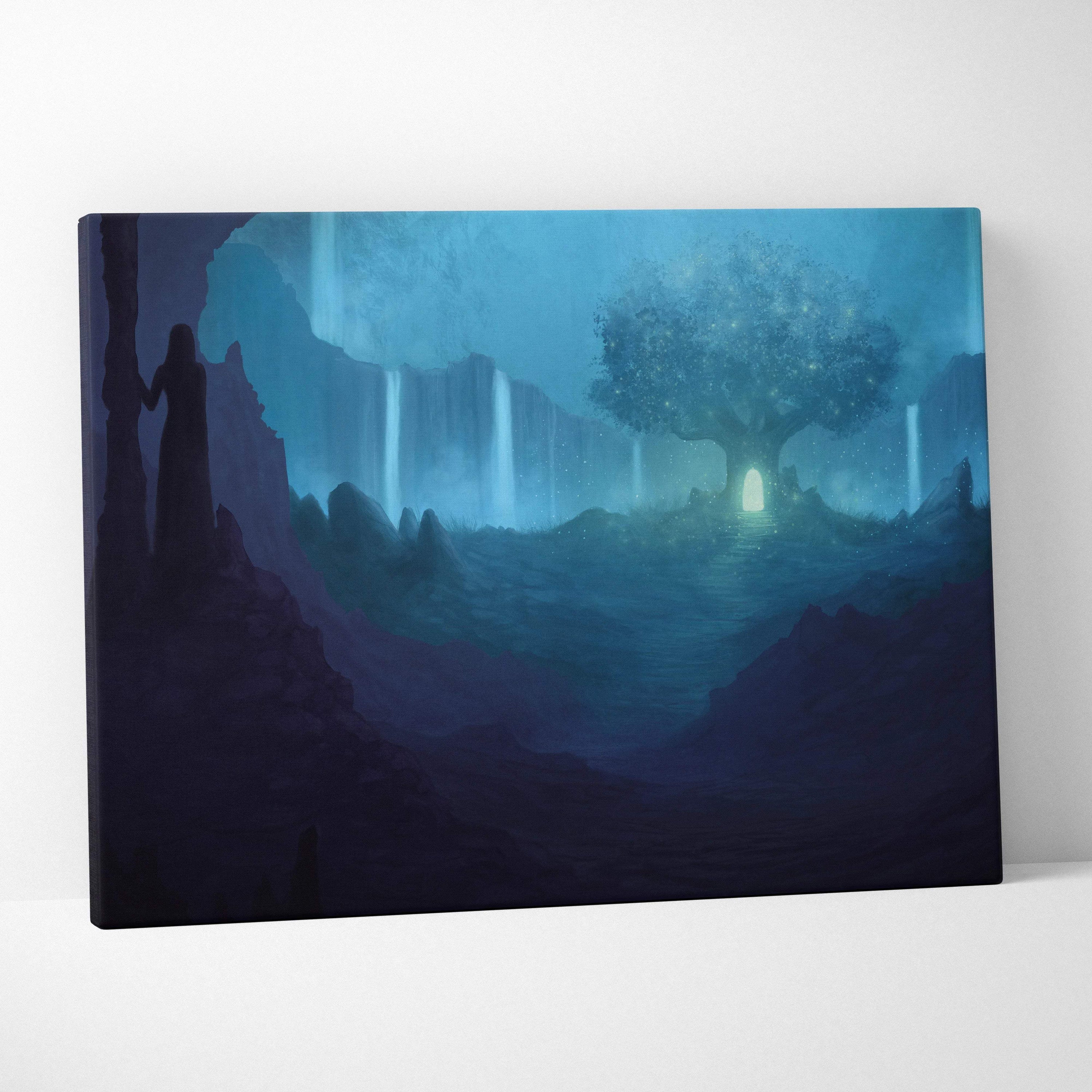 Glowing tree of light in blue crystal cavern with cascading waterfalls canvas print