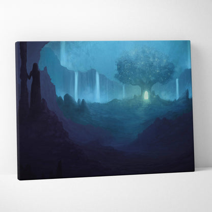 Glowing tree of light in blue crystal cavern with cascading waterfalls canvas print