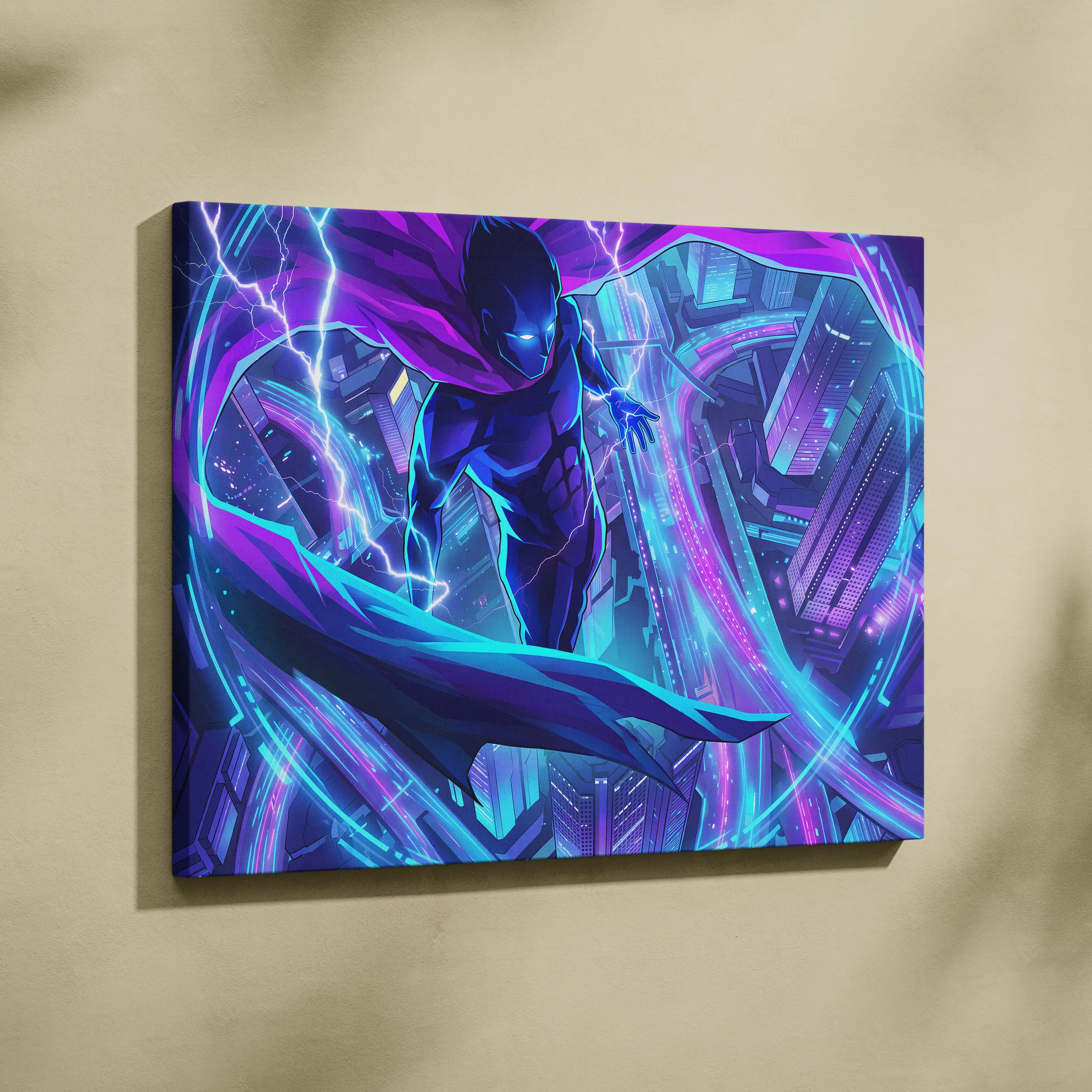 Vaporwave Neon Hero Canvas - Hero Purple Blue Vaporwave Living Room Retro Futurism Moody Neon Synthwave Decor Wall Art