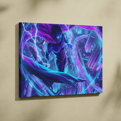 Vaporwave Neon Hero Canvas - Hero Purple Blue Vaporwave Living Room Retro Futurism Moody Neon Synthwave Decor Wall Art