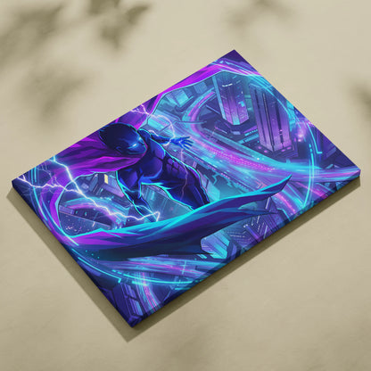 Vaporwave Neon Hero Canvas - Hero Purple Blue Vaporwave Living Room Retro Futurism Moody Neon Synthwave Decor Wall Art