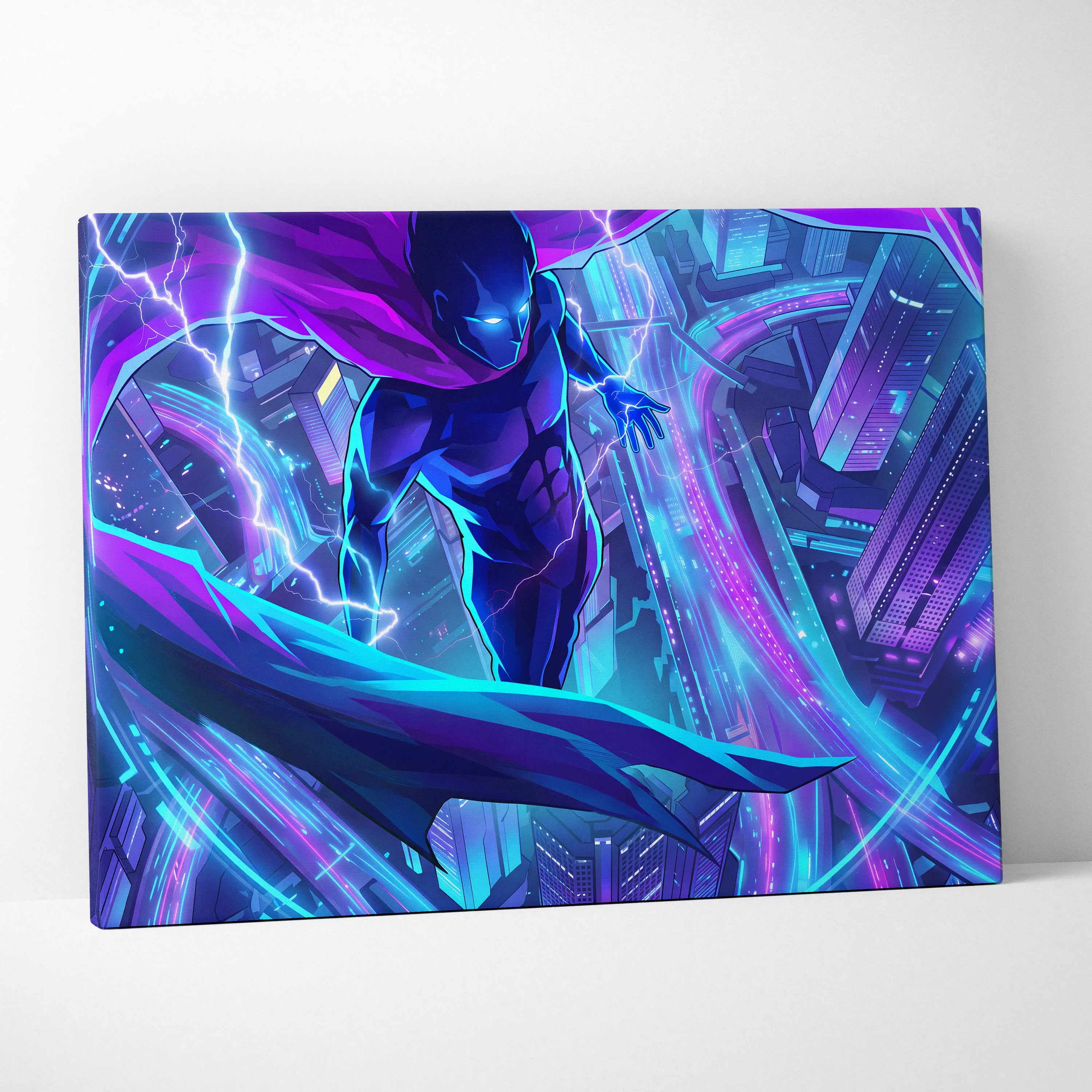 Vaporwave Neon Hero Canvas - Hero Purple Blue Vaporwave Living Room Retro Futurism Moody Neon Synthwave Decor Wall Art