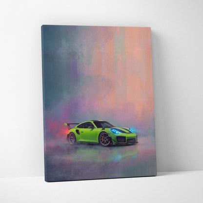 Vibrant lime green porsche 911 gt2 canvas print with glowing blue headlights and smoky colorful background wall art