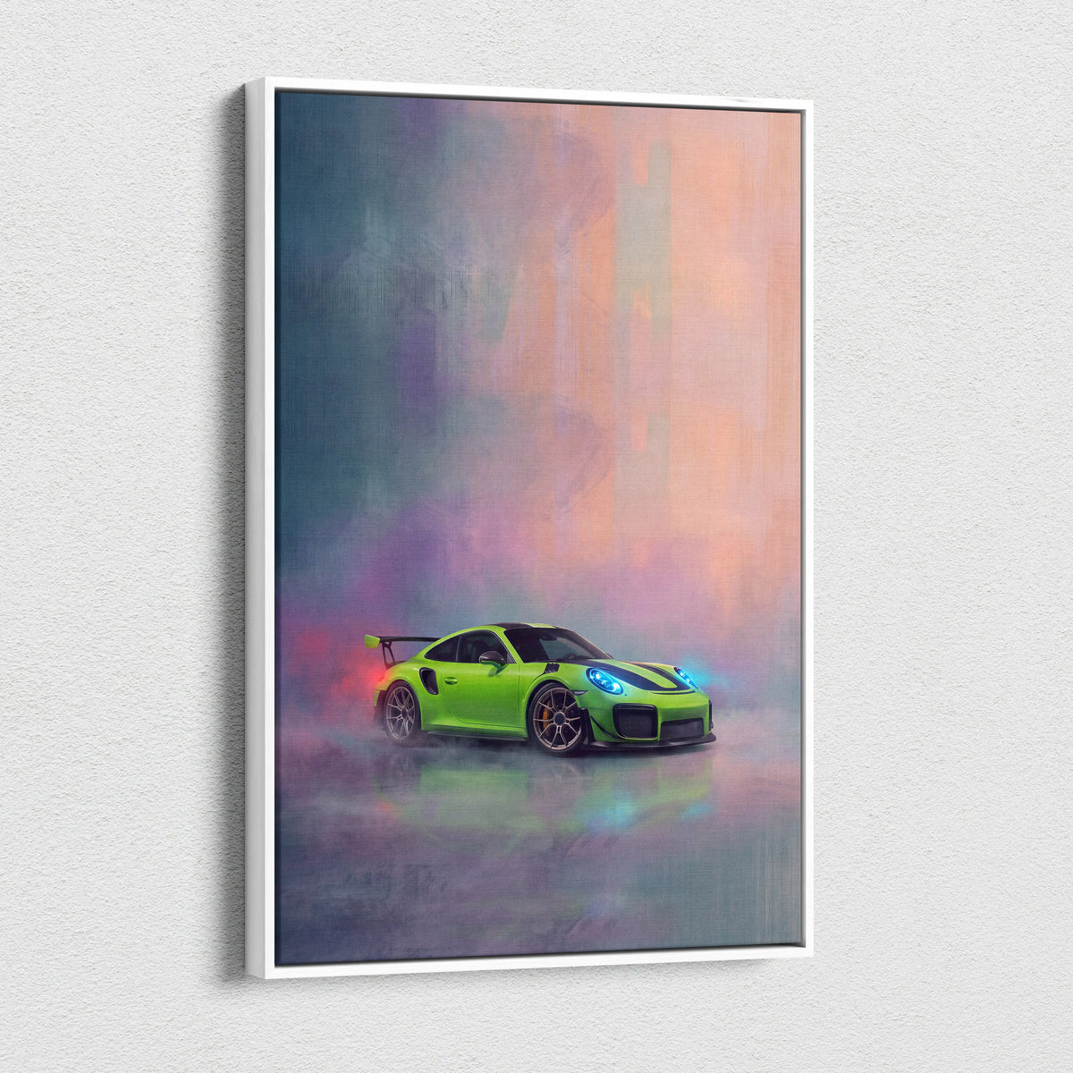 Vibrant lime green porsche 911 gt2 art print in sleek white frame luxury supercar canvas wall art