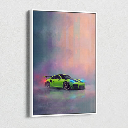 Vibrant lime green porsche 911 gt2 art print in sleek white frame luxury supercar canvas wall art