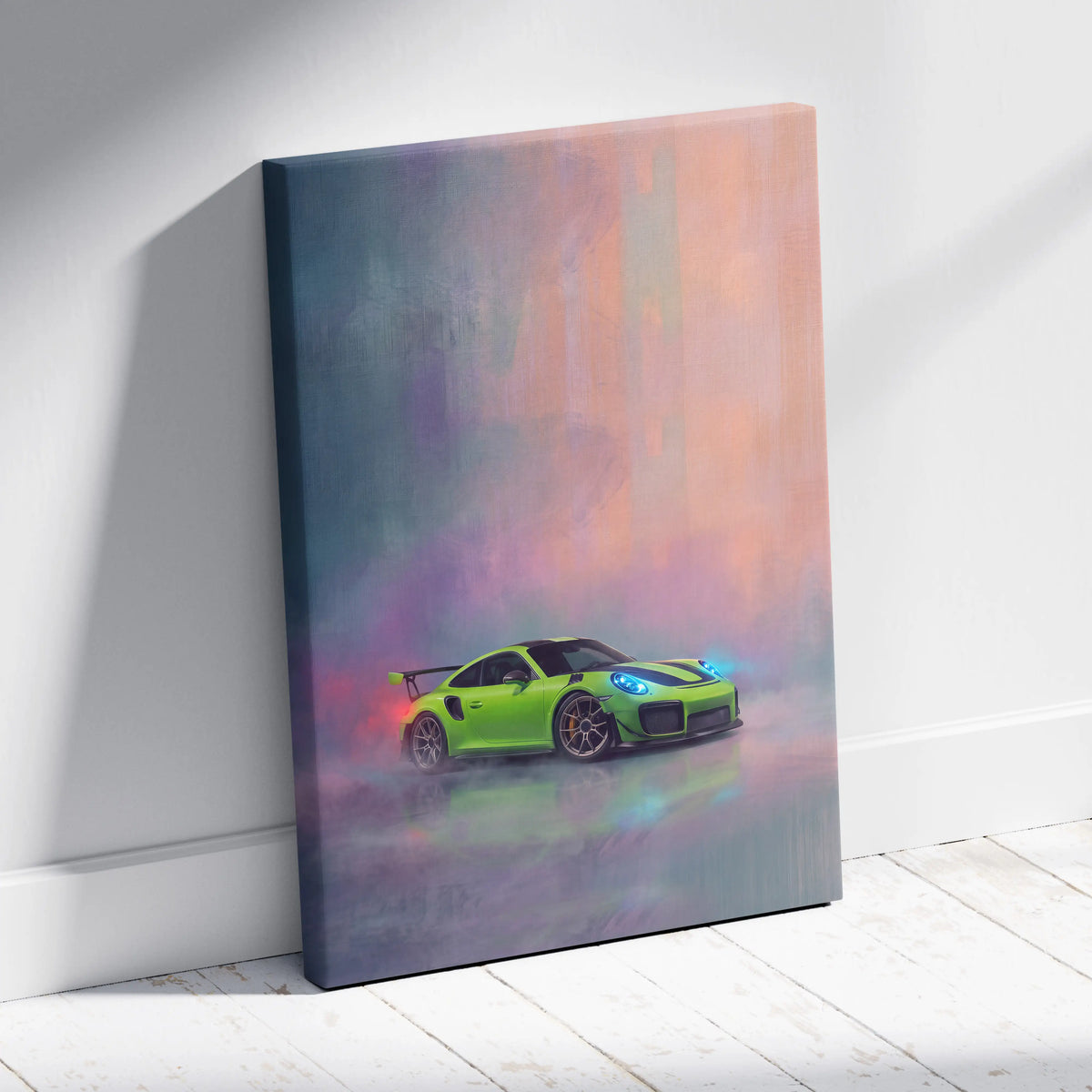 Vibrant lime green porsche 911 gt3 rs canvas wall art with glowing blue headlights and smoky background