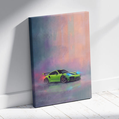 Vibrant lime green porsche 911 gt3 rs canvas wall art with glowing blue headlights and smoky background