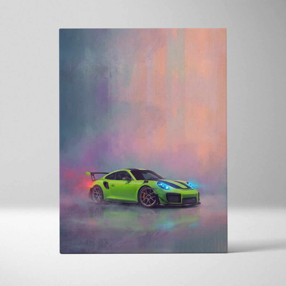 Porsche 911 GT3 RS inspired automotive wall art featuring vibrant lime green GT2 RS with black stripes in a smoky drift pose