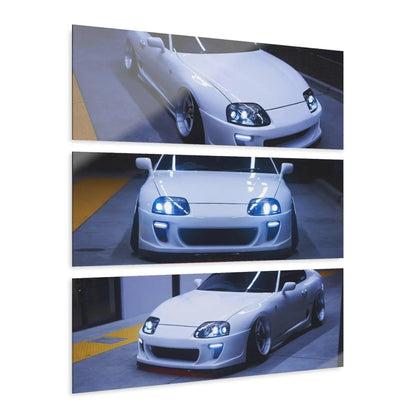 Toyota Supra MK4 three-piece canvas wall art featuring detailed front and side views of a white sports car on sleek urban.