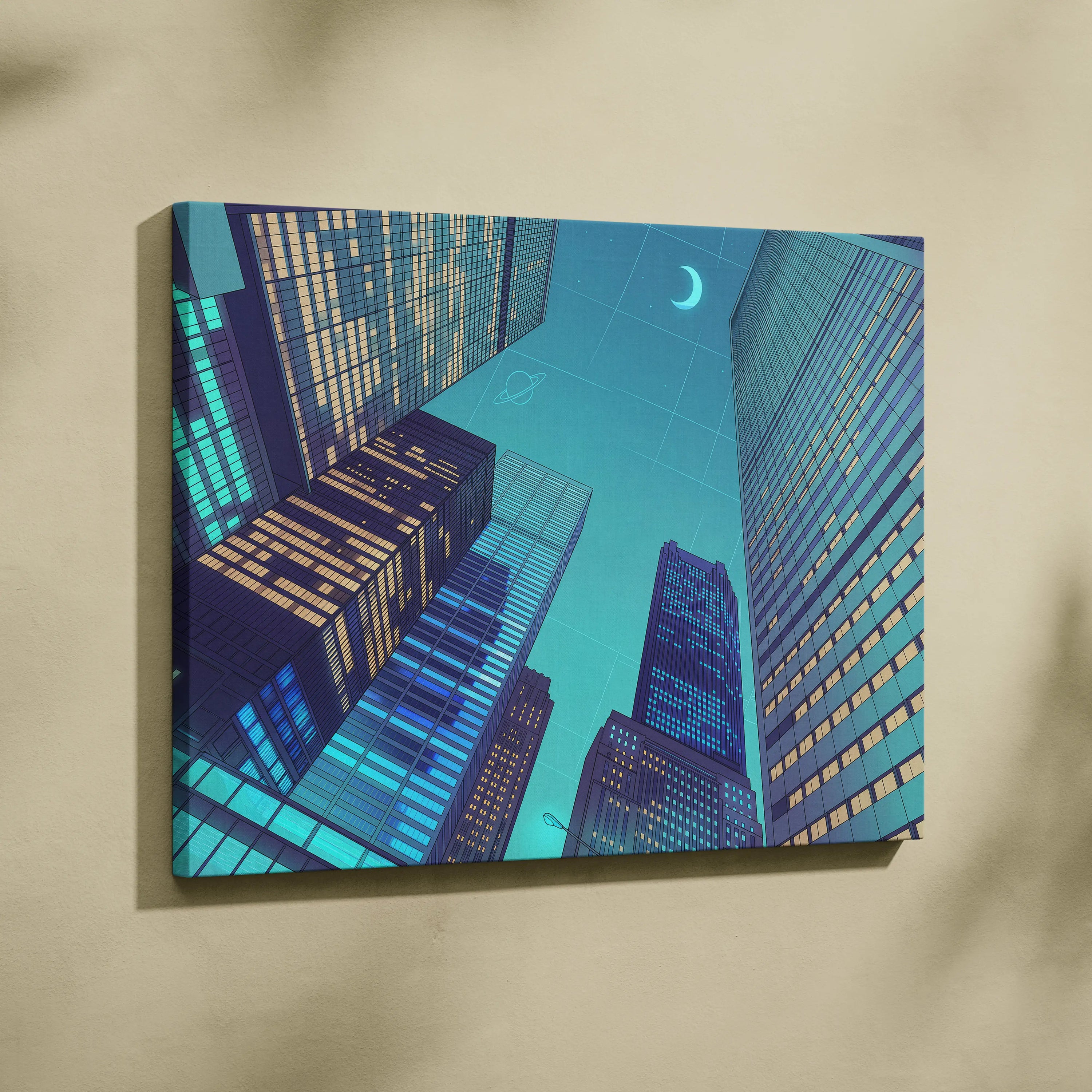 Neon Skyline Vaporwave Canvas - Cityscape Neon Blues Teal Living Room Vaporwave Dreamy Mood Retro Futurism Vaporwave Canvas