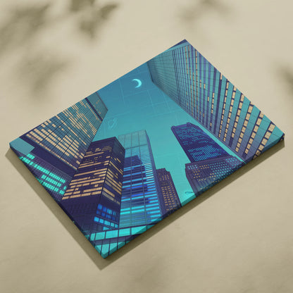 Neon Skyline Vaporwave Canvas - Cityscape Neon Blues Teal Living Room Vaporwave Dreamy Mood Retro Futurism Vaporwave Canvas