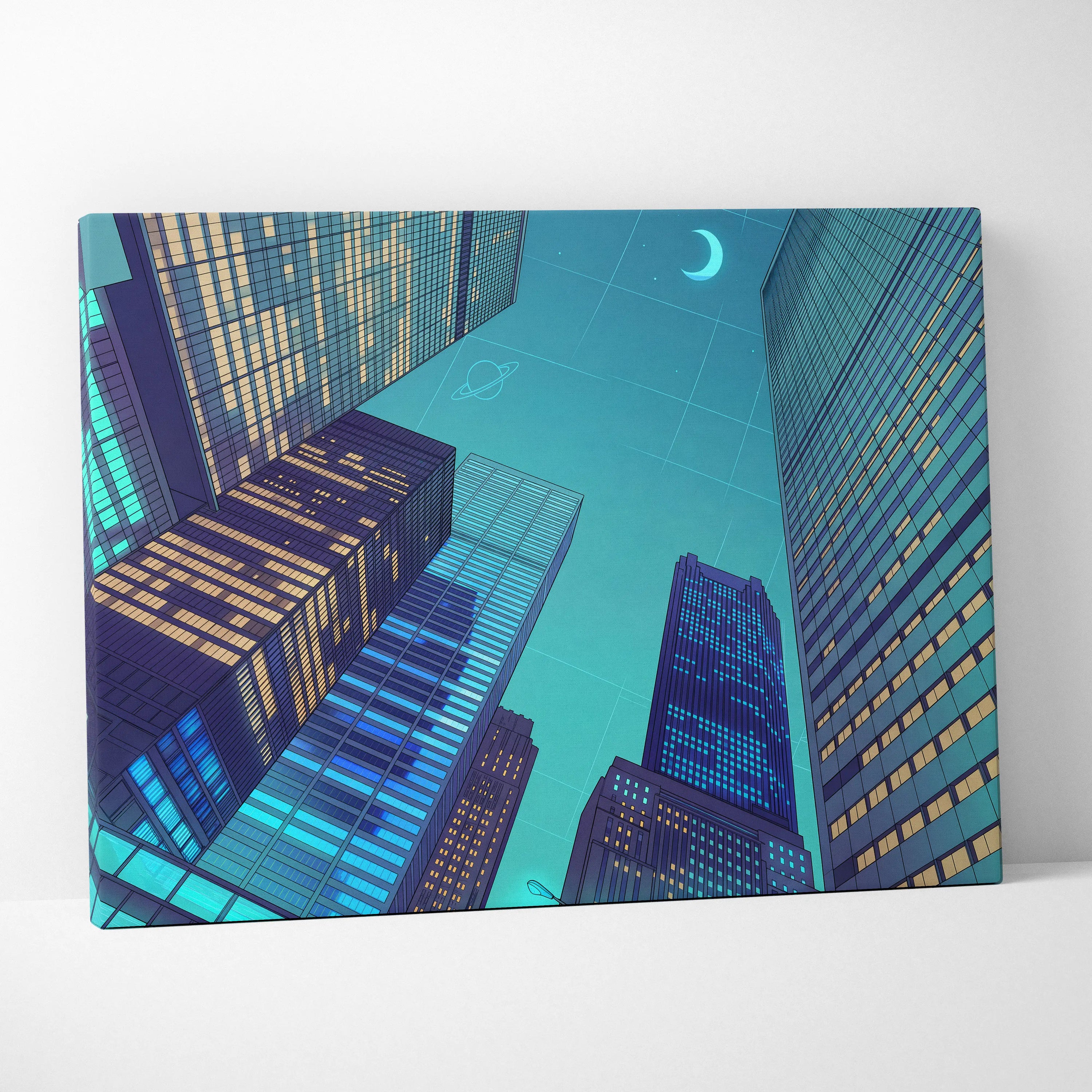 Neon Skyline Vaporwave Canvas - Cityscape Neon Blues Teal Living Room Vaporwave Dreamy Mood Retro Futurism Vaporwave Canvas