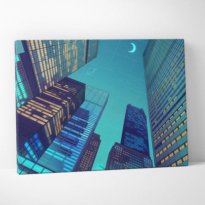 Neon Skyline Vaporwave Canvas - Cityscape Neon Blues Teal Living Room Vaporwave Dreamy Mood Retro Futurism Vaporwave Canvas