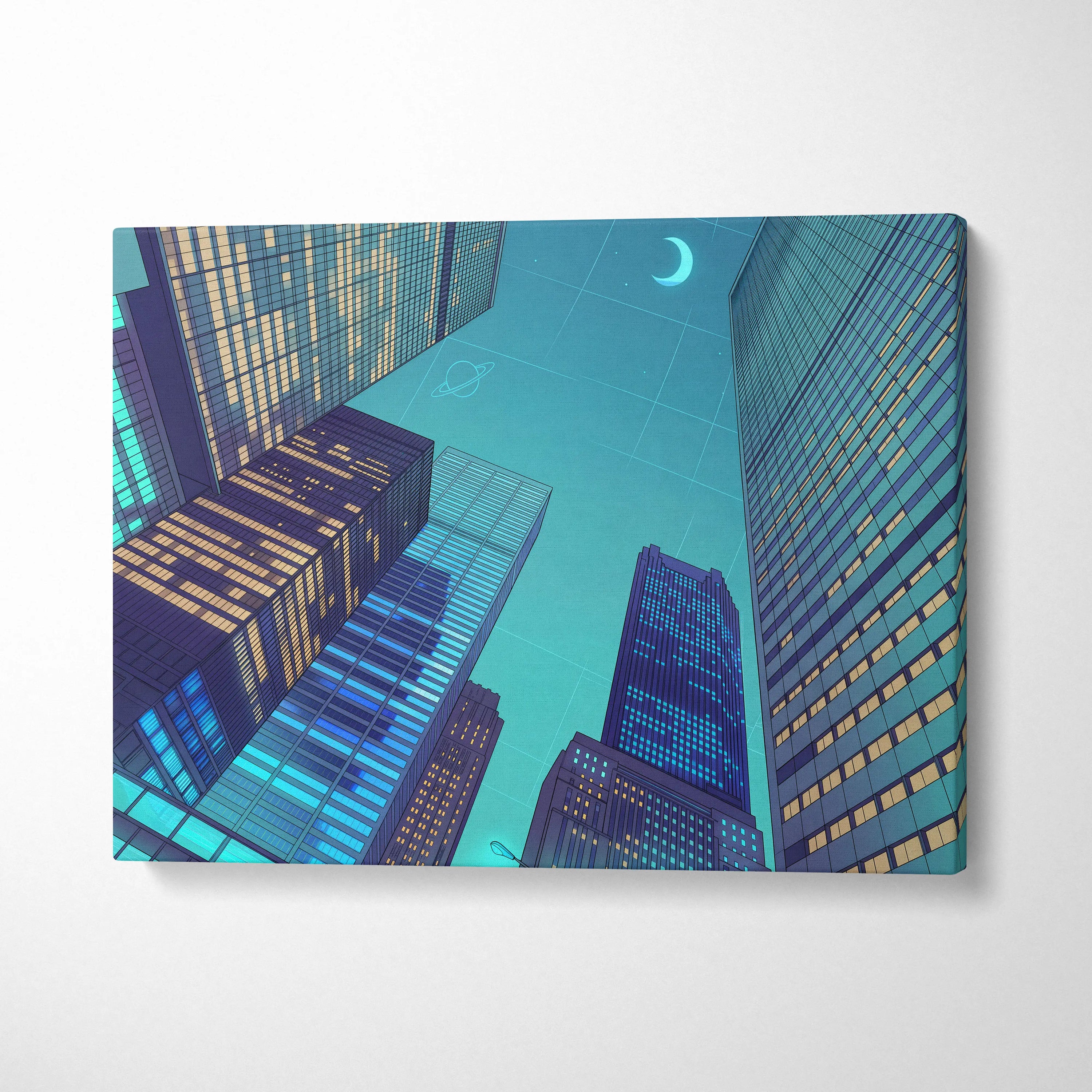 Neon Skyline Vaporwave Canvas - Cityscape Neon Blues Teal Living Room Vaporwave Dreamy Mood Retro Futurism Vaporwave Canvas