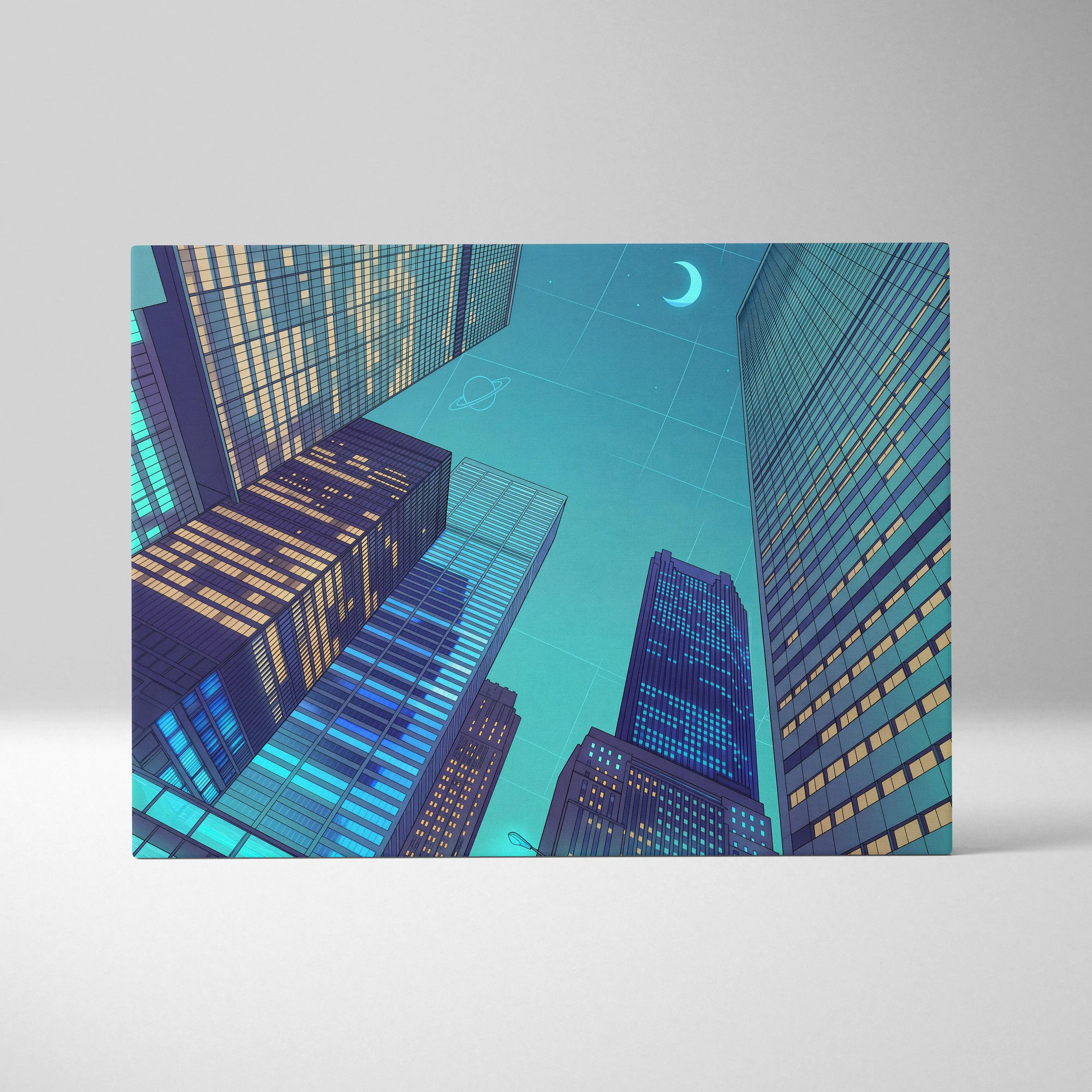 Neon Skyline Vaporwave Canvas - Cityscape Neon Blues Teal Living Room Vaporwave Dreamy Mood Retro Futurism Vaporwave Canvas