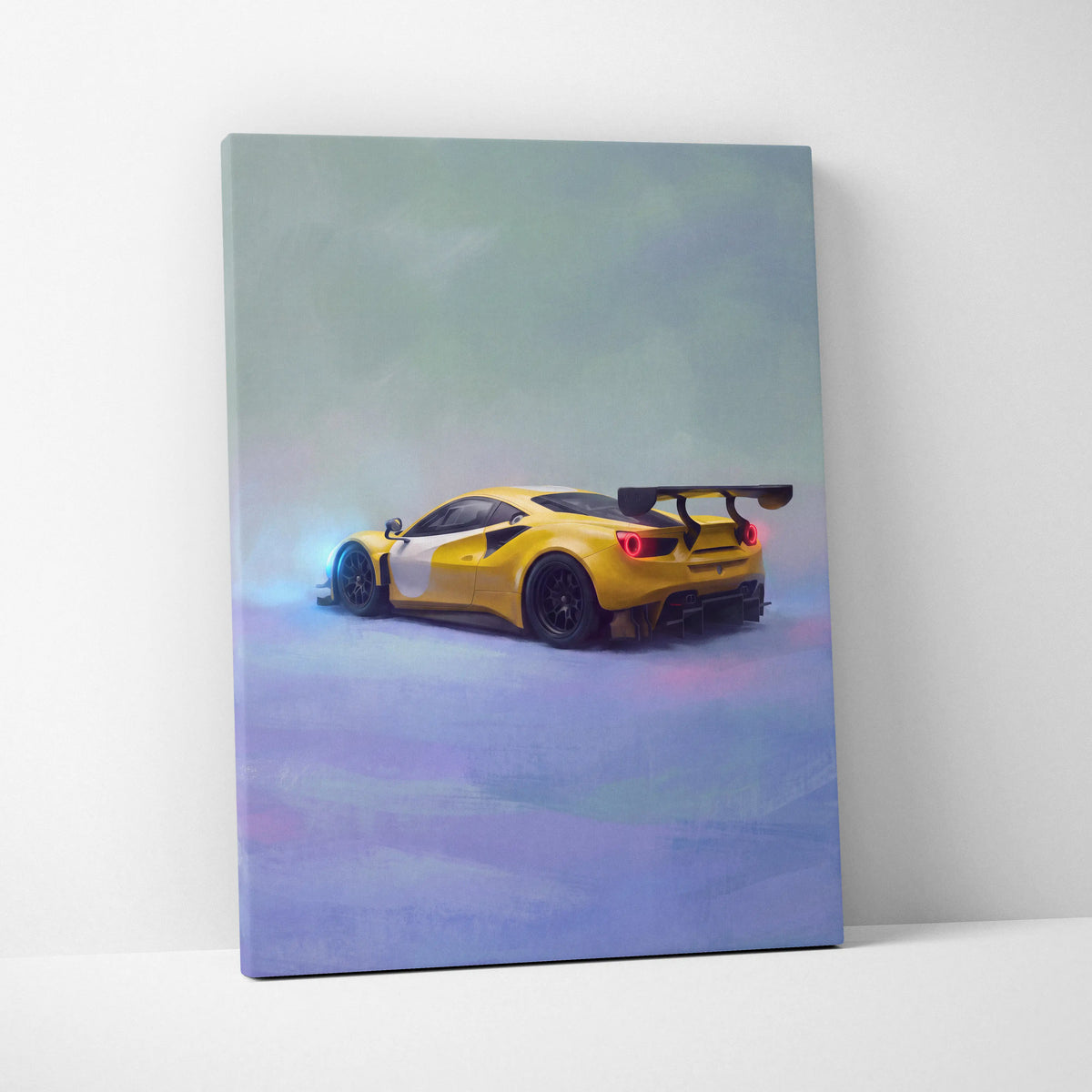 Ferrari 488 challenge inspired yellow racing car canvas art print with black wheels and prominent rear spoiler