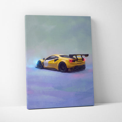 Ferrari 488 challenge inspired yellow racing car canvas art print with black wheels and prominent rear spoiler
