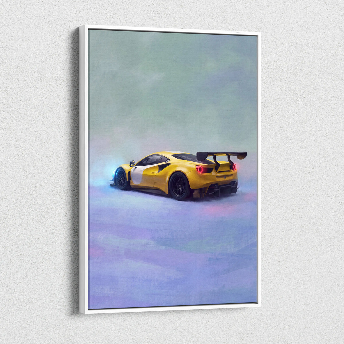 Yellow Ferrari 488 Challenge inspired supercar canvas art print featuring a framed custom car wall art design