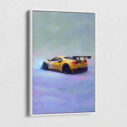 Yellow Ferrari 488 Challenge inspired supercar canvas art print featuring a framed custom car wall art design