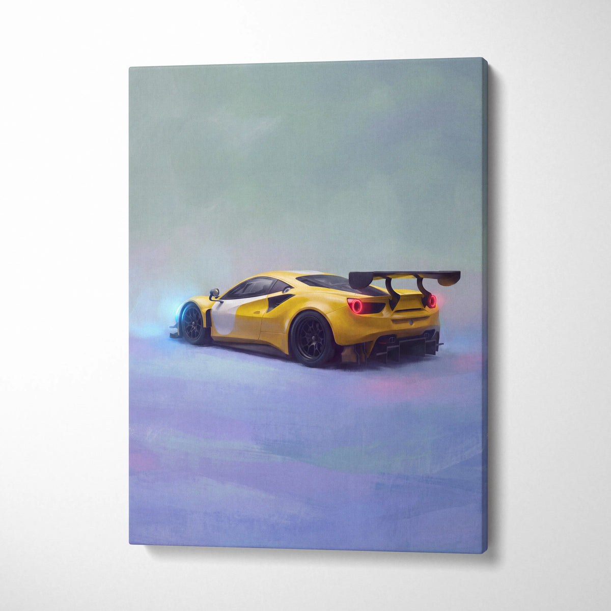 Vibrant yellow Ferrari 488 Challenge inspired supercar canvas art print featuring sleek aerodynamic design and black accents