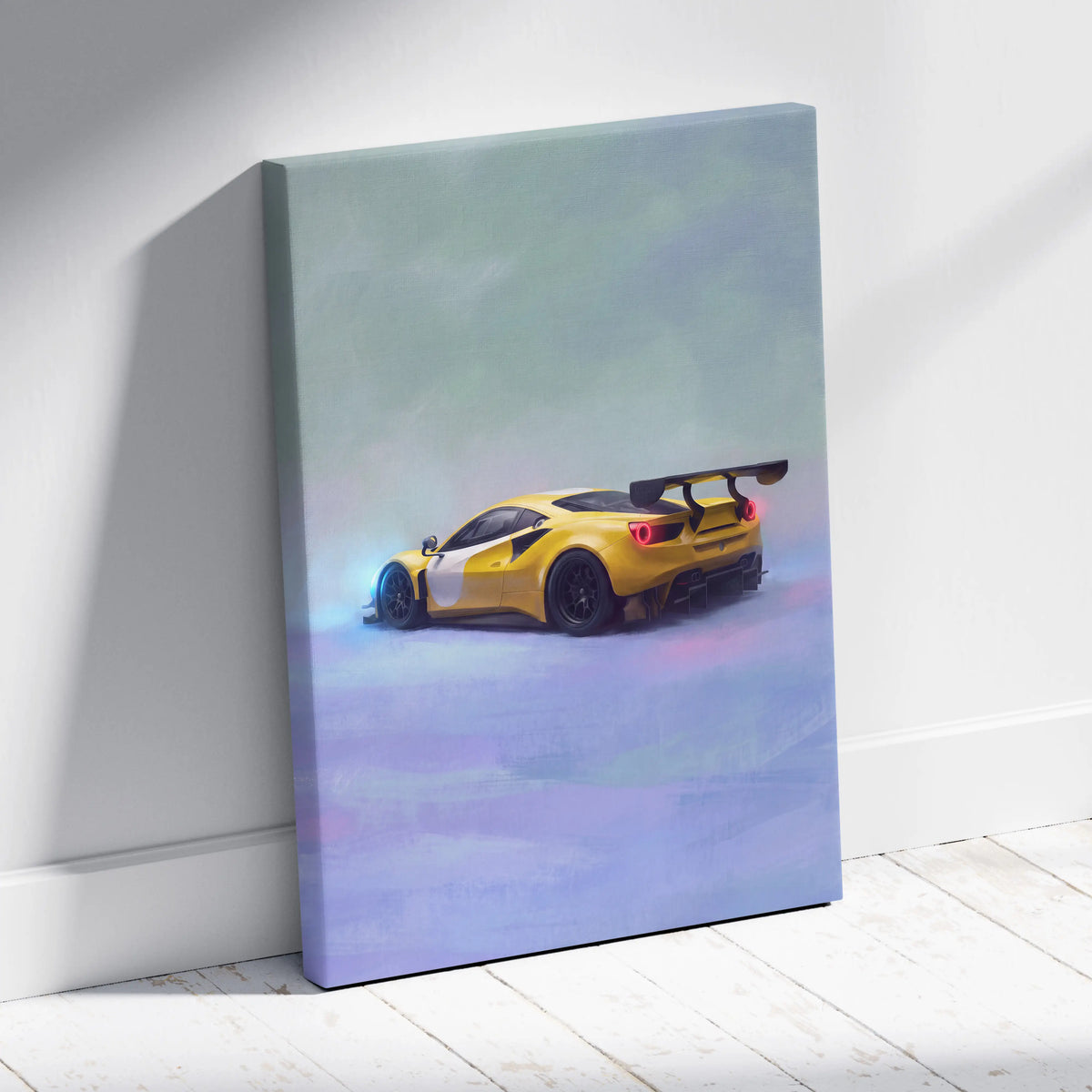 Yellow and white Ferrari 488 Challenge inspired supercar canvas art print with glowing red taillights against gradient sky