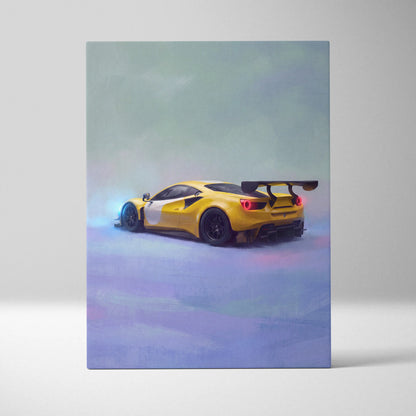 Vibrant yellow and white ferrari 488 challenge inspired supercar canvas art print with sleek design and black wheels
