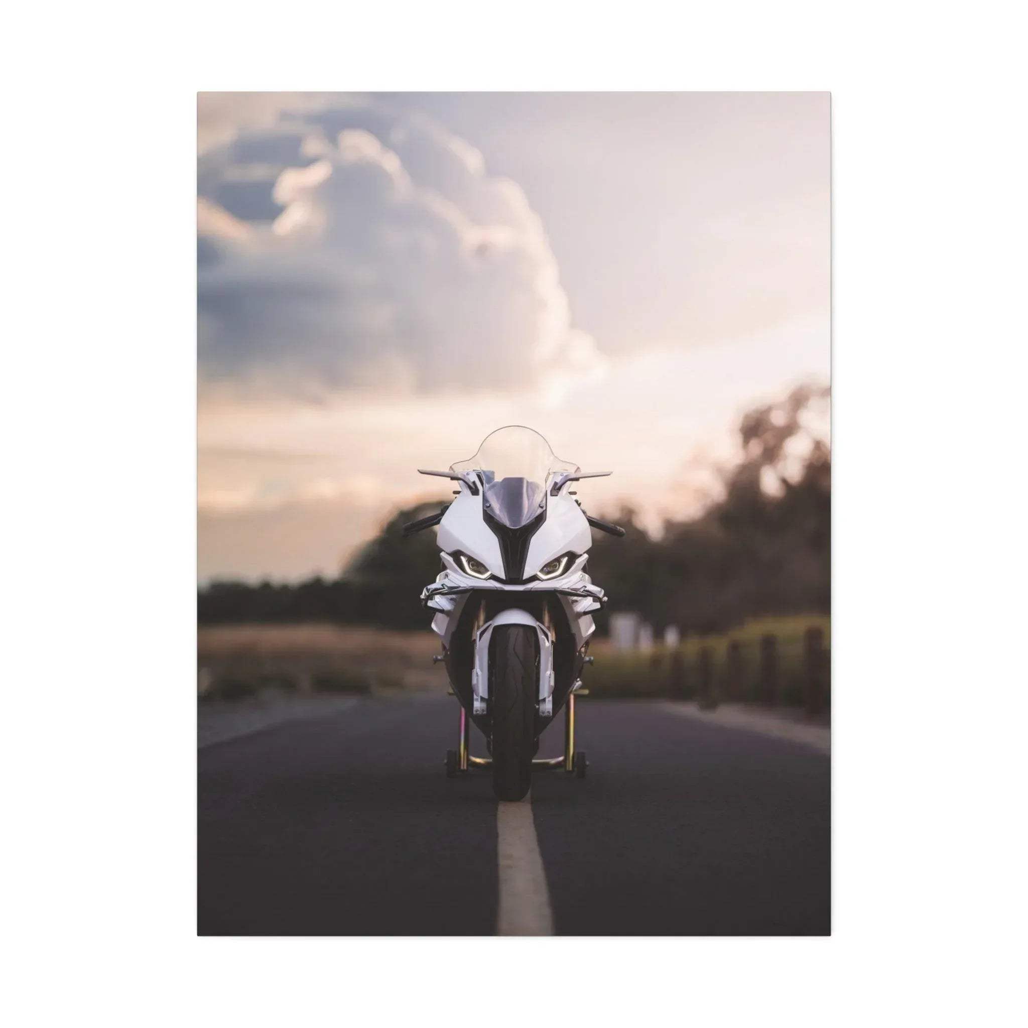Vertical canvas wall art featuring a BMW S1000RR motorcycle against a sunset sky backdrop.