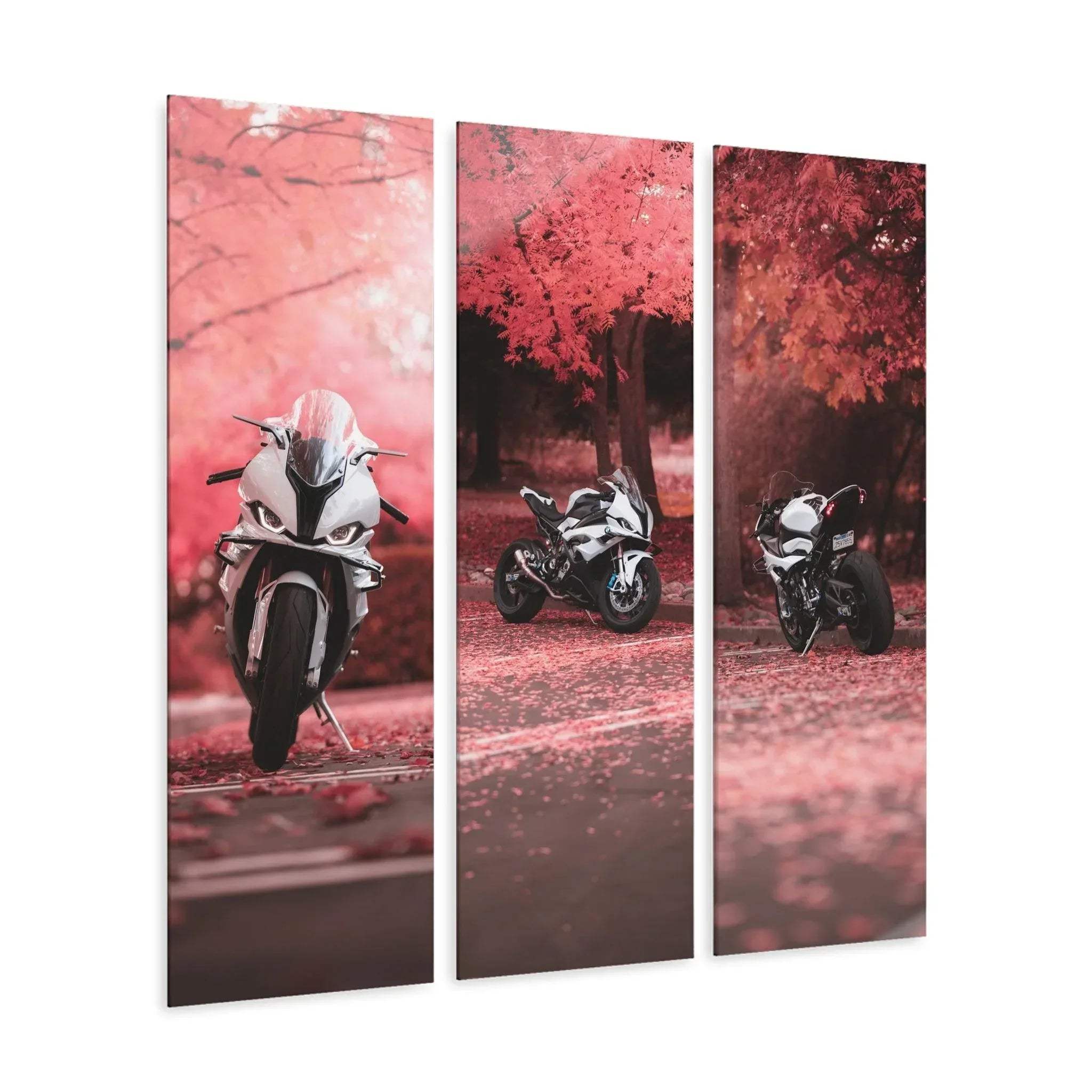 Three-panel canvas wall art featuring a BMW S1000RR motorcycle with red autumn trees background.