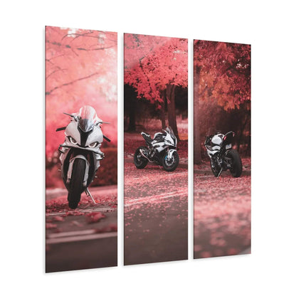 Three-panel canvas wall art featuring a BMW S1000RR motorcycle with red autumn trees background.